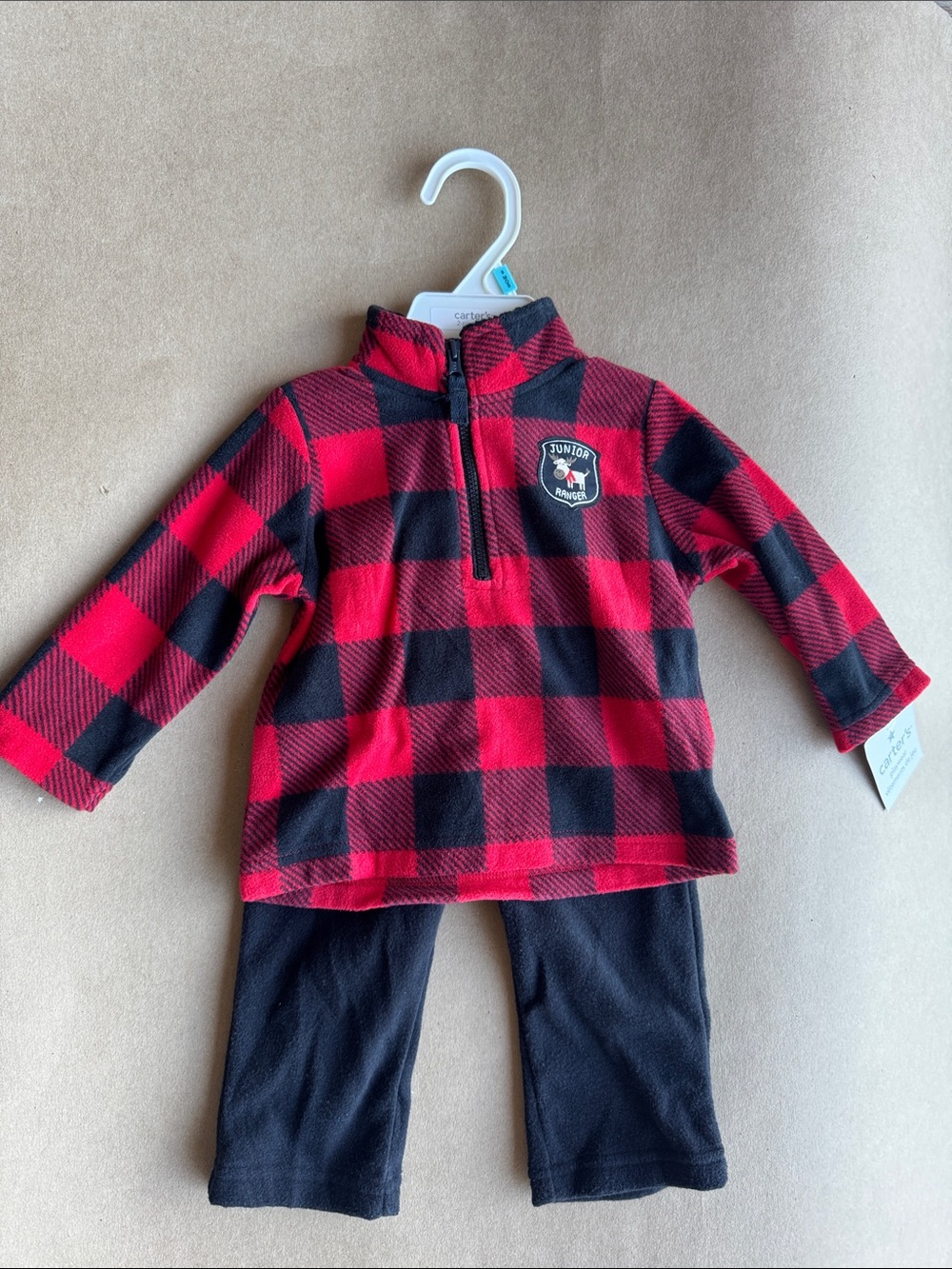 Carter's Red and Black Buffalo Plaid Fleece Top with Black Pants Set Christmas